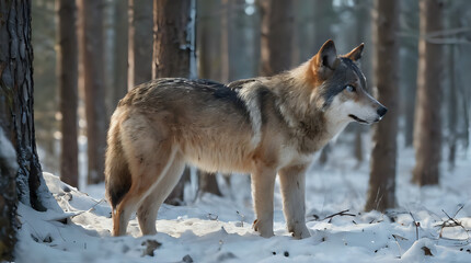 Obraz premium a wolf standing in the snow in the woods