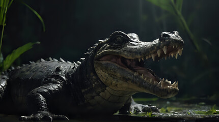 crocodile laying on the ground with its mouth open and teeth wide open