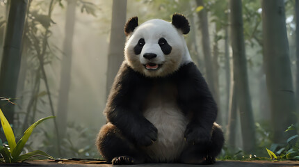 Obraz premium panda sitting on a log in a forest with trees and fog