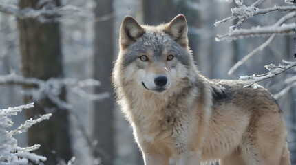 Obraz premium a wolf standing in the snow in the woods