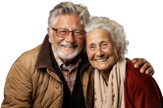 Portrait of happy elderly couple smiling and embracing each other, isolated on transparent background