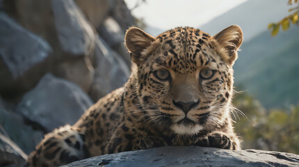 Naklejka premium a leopard that is laying on a rock