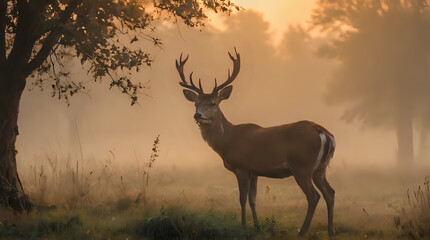 Fototapeta premium a deer standing in the foggy field by a tree