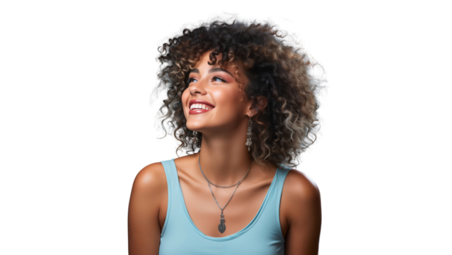 Portrait of happy African American woman smiling and looking up with afro hair, isolated on transparent background