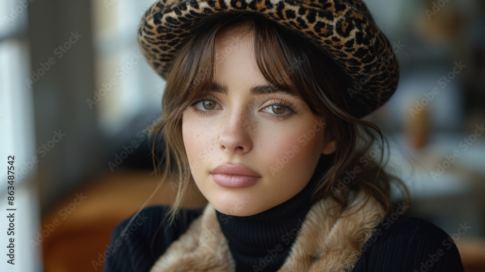 Poster Beautiful young lady in a black turtleneck. Refined taste. Elegance. Leopard print beret