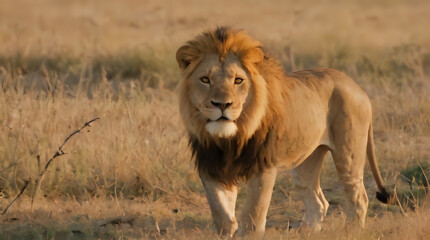 Fototapeta premium a lion walking through a field of dry grass
