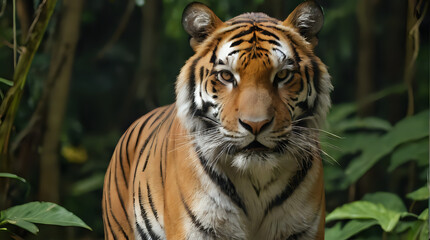 Obraz premium a tiger walking through the jungle with trees in the background