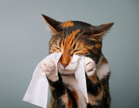 A sad-faced cat wiping away tears with a handkerchief