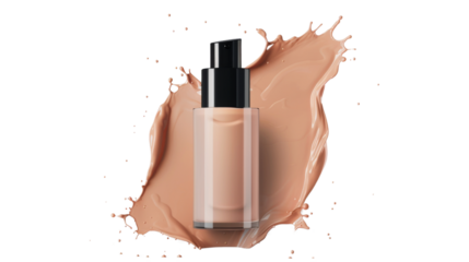 Liquid makeup foundation bottle with cosmetic cream splash on transparent background
