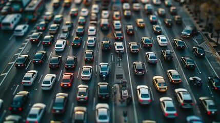 Aerial view of congested highway traffic during rush hour.  