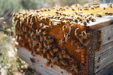 Bees Clustering on a Wooden Beehive in the Daytime