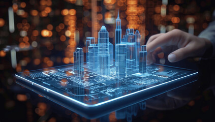 Digital Tablet with Holographic Cityscape and Building Models, Modern Real Estate and Architecture Technology Concept