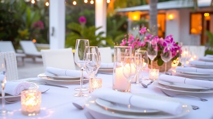 Elegant outdoor dinner setup with white tablecloth, candles, and floral centerpiece, perfect for a romantic evening or wedding reception.