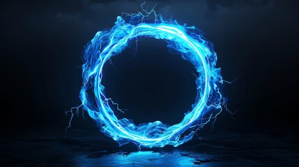 A glowing blue circular energy ring with electric sparks on a dark background, creating a futuristic and mystical atmosphere.