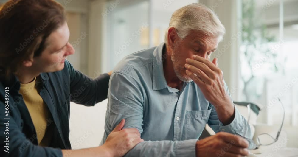 Canvas Prints Sad, senior father and man on sofa for depression, comfort or support in living room. Family, mourning and elderly parent crying with grief for bad news, mental health or memory of wife in home