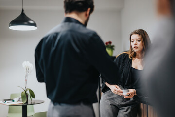 Three business colleagues having a relaxed conversation while enjoying a coffee break in a well-lit modern office kitchen.