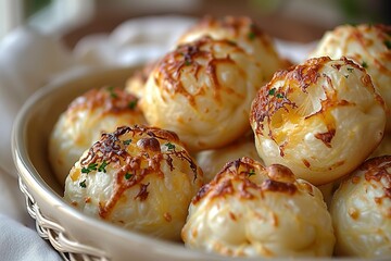 A bowl of cheesy balls with parsley on top