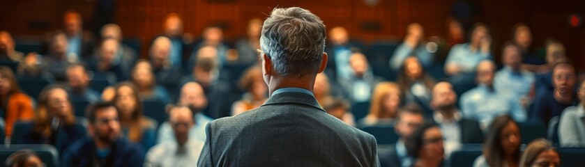 Fototapeta premium Risk management seminar with keynote speaker and audience, risk management, educational event