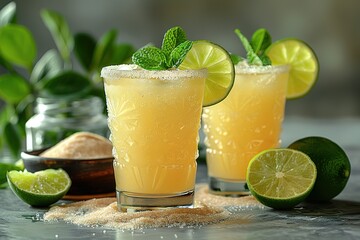 Two glasses of a yellow drink with lime slices on top