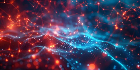 Fototapeta premium Abstract tech background with illuminated fiber optic connections, quantum computing network system electronic global intelligence