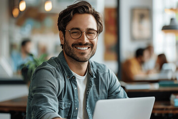 Obraz premium Smiling Man with Glasses Using Laptop in Modern Office with Colleagues
