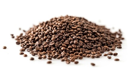 Delicious fresh coffee grains viewed up close on a white background