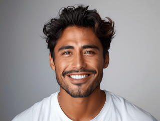Obraz premium closeup portrait of a handsome smiling man with clean skin happy young Latin t-shirt grey background strong jawline fresh hair beard isolated white background dental ad