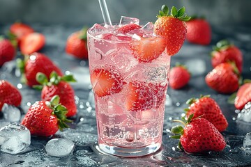 A glass of pink drink with a straw in it