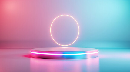 Obraz premium Neon light circle above a round platform, pink and blue gradient background.