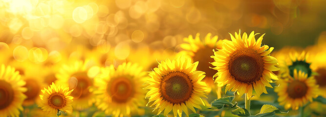 Fototapeta premium Sunflower Field Banner with Blurred Background and Copy Space in Sunny Summer Meadow