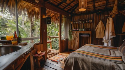 Fototapeta premium A tropical treehouse hotel room, offering a minibar stocked with local beers and fruity cocktails