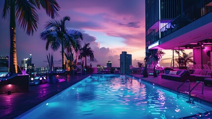 A rooftop pool party in a tropical city, featuring DJ sets and innovative drink creations