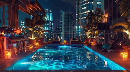 A rooftop pool party in a tropical city, featuring DJ sets and innovative drink creations