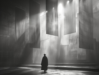 silhouette of a person in the lobby is covered with curtains