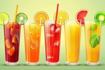 Trio of flavorful beverages surrounded by an arrangement of juicy, ripe fruit. Healthy, vibrant drink composition.