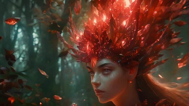 A collection of glowing garnet fragments adorned a sparkling headdress worn by a mythical creature of the forest.