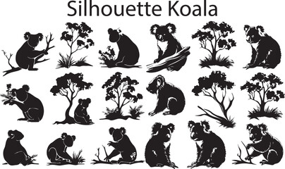 Obraz premium Silhouette Koala. A Set of Beautiful Koala Animal black silhouette vector illustration.