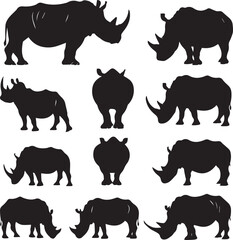 A Set of Silhouette Rhino Ceros Animal Vector Illustration. Black and white Rhino Ceros Animal vector collection.