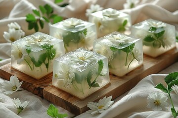 A wooden board with six white ice cubes with flowers on top