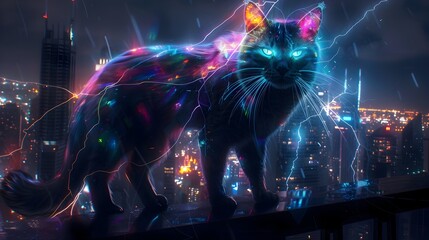 Superpowered Prism-Furred Feline,Prismatic Plumage Avian,Electricity-Wreathed Canine,and Crystalline-Clawed Ursine against Dystopian Futuristic