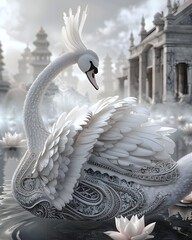 Obraz premium Ethereal Swan Goddess Amidst Serene Lotus and Mist-Shrouded Temple Ruins