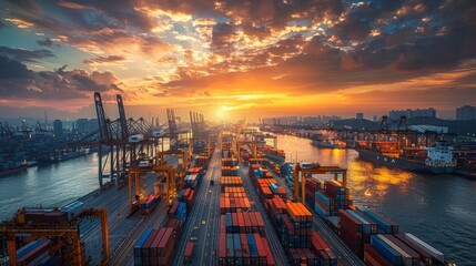 Fototapeta premium Global Commerce at Sunset: Industrial Harbor Illuminated by Golden Light, Showcasing Trade's Industrious Rhythm