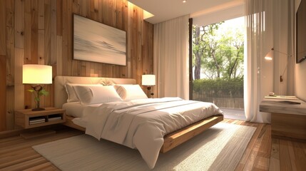 Fototapeta premium Bedroom interior design with modern decor, comfortable bed and soft bedding