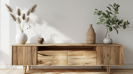 3D Rendering of Wooden Sideboard with Vase on White Wall Minimalist Scandinavian Interior Design Home Decoration