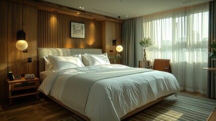 Bedroom interior design with modern decor, comfortable bed and soft bedding