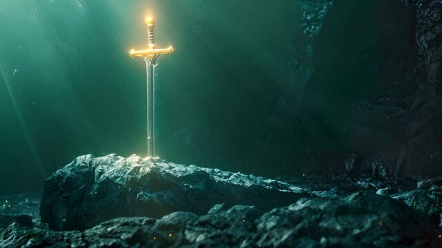 Enchanted Sword in Stone with Glowing Light with Ai generated.

