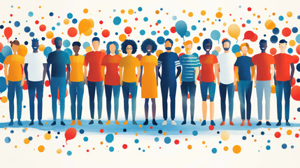 A group of people are standing in a line, with some wearing yellow shirts. Concept of unity and togetherness, as the people are all standing close to each other. The use of bright colors