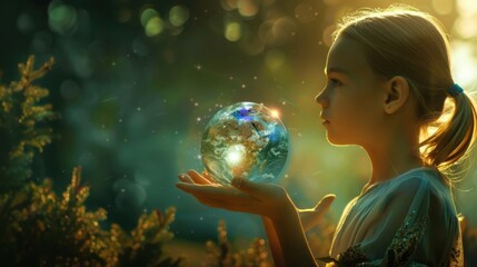 Naklejka premium Girl Holding a Crystal Earth (world). 