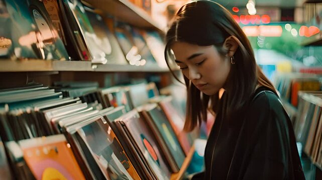 Woman Browsing Vinyl Records in Store with Ai generated.
