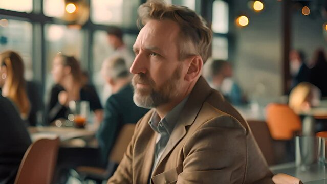 Pensive Man in Busy Cafe Setting with Ai generated.